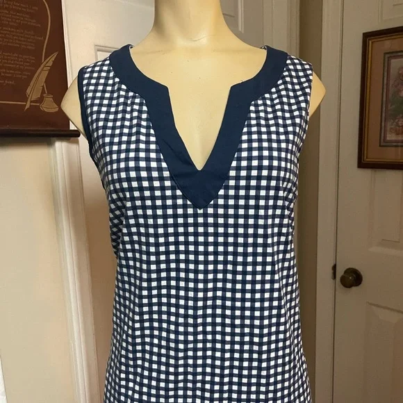 Lands End Navy & White Gingham V‑Neck Women’s Stretch Dress - Picture 2 of 9